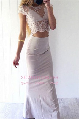 Two Pieces Lace Prom Dress Long Sheath Sexy Cap Sleeves  Evening Gowns