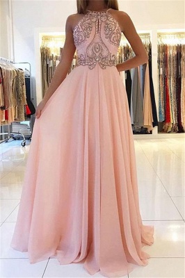 Open Back Pink Evening Dresses  | Beads Crystals Chiffon Long Prom Dress  AN0009_1