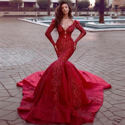 Gorgeous Red Long Sleeve Mermaid Prom Dress With Lace Appliques_2