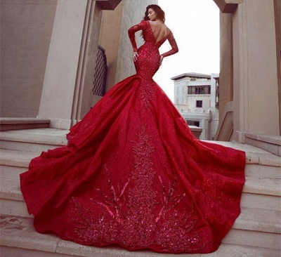 Gorgeous Red Long Sleeve Mermaid Prom Dress With Lace Appliques_5