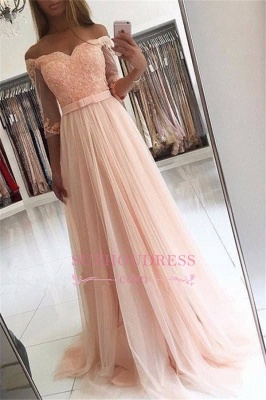 A-line Lace Glamorous Half Sleeves Evening Gown   Off The Shoulder Tulle Prom Dresses_2