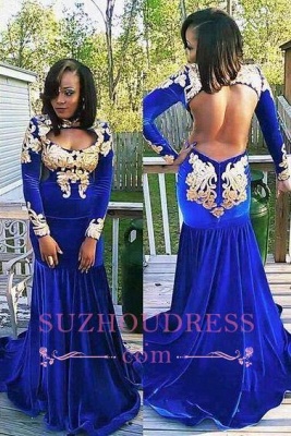 Royal Blue Evening Dress Appliques Gorgeous Long Sleeve Zipper Mermaid  Velvet Prom Dress_2