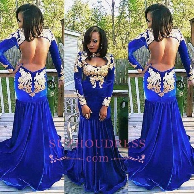 Royal Blue Evening Dress Appliques Gorgeous Long Sleeve Zipper Mermaid  Velvet Prom Dress_1