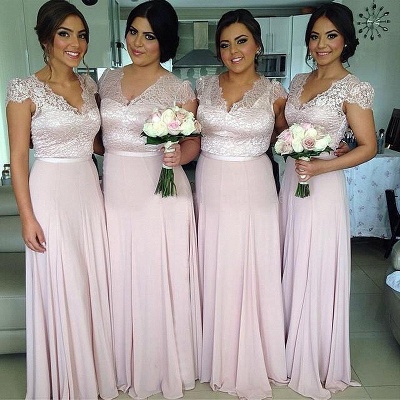 Pink Lace Chiffon Cap Sleeves V-neck  Bridesmaid Dresses  Long Wedding Party Dress_1