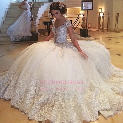 Gorgeous Cap-Sleeves Beaded Wedding Dresses  | Crystals Lace Tulle Bridal Ball Gowns_1