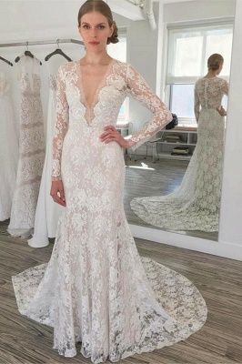 Simple Lace Mermaid Wedding Dresses  | Long Sleeves Mermaid Bridal Gowns_1