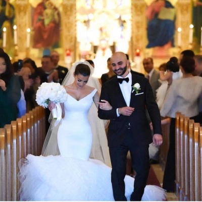 Gorgeous Mermaid V-Neck White Tulle Wedding Dress_3