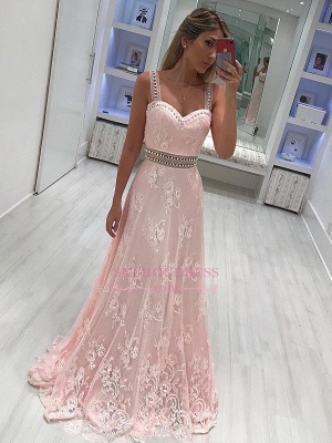 A-line lace prom dresses  | Pink Strape Crystal Evening Gowns_3