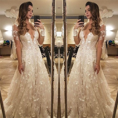 Flowers Lace Long Sleeve Wedding Dress  Illusion Amazing Bride Dress_3