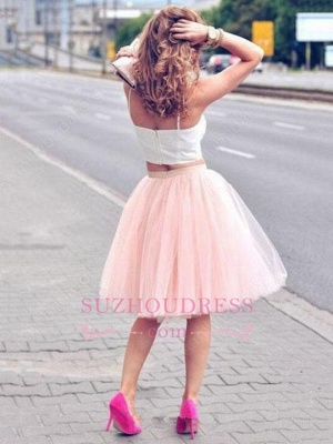 Pink Spaghetti Strap Formal Dress  Tulle White Sexy Sleeveless Two Piece Homecoming Dress_1