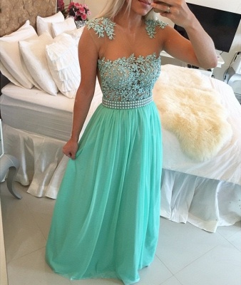 New Arrival Lace Chiffon Prom Dresses  with Beadings Sheer Neck Capped Sleeves Long Evening Gowns BMT010_2