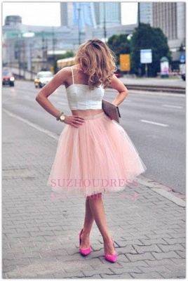 Pink Spaghetti Strap Formal Dress  Tulle White Sexy Sleeveless Two Piece Homecoming Dress_3