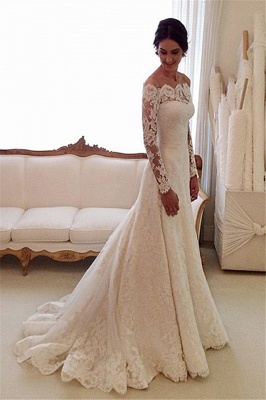 White Off-the-shoulder Lace Long Sleeve Bridal Gowns Sheath  Simple Custom Made Wedding Dresses_3