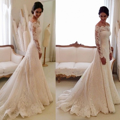 White Off-the-shoulder Lace Long Sleeve Bridal Gowns Sheath  Simple Custom Made Wedding Dresses_2