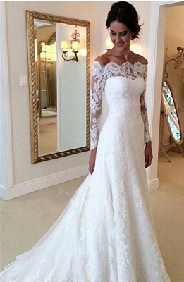 White Off-the-shoulder Lace Long Sleeve Bridal Gowns Sheath  Simple Custom Made Wedding Dresses_4