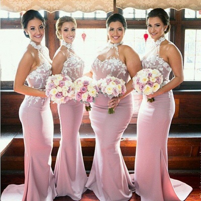 New Arrival Mermaid Halter Long Bridesmaid Dress High Collar  Plus Size Wedding dress_4