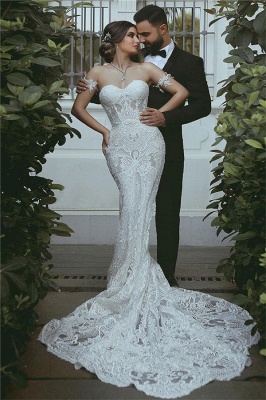 Mermaid Lace Wedding Dress  | Sexy Court Train Sweetheart Bridal Gowns with Sleeve Decorations_1