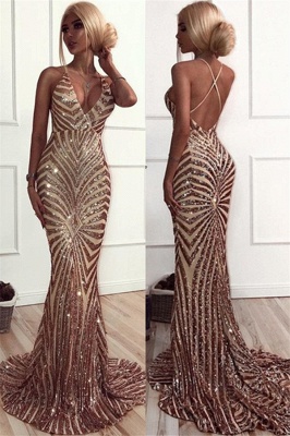 Sexy Champagne Stripes Formal Evening Dress | V-neck Open Back Ball Dress with Long Train BA8496_4