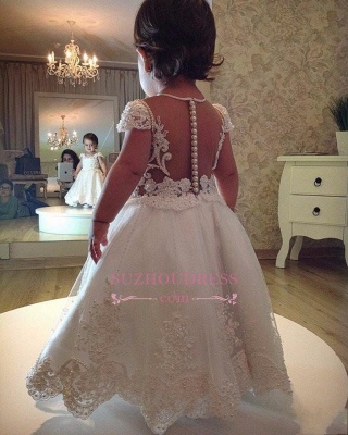 Pearls Lace Short Sleeves A-line Flower Girl Dress_1