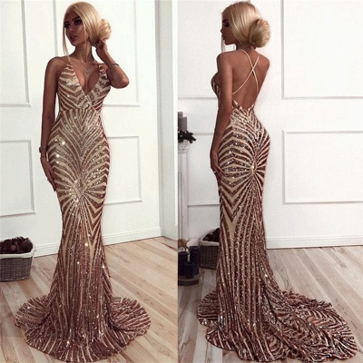 Sexy Champagne Stripes Formal Evening Dress | V-neck Open Back Ball Dress with Long Train BA8496_5