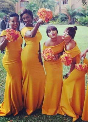 Chic Yellow Sexy Mermaid Off the Shoulder Bridesmaid Dresses_1