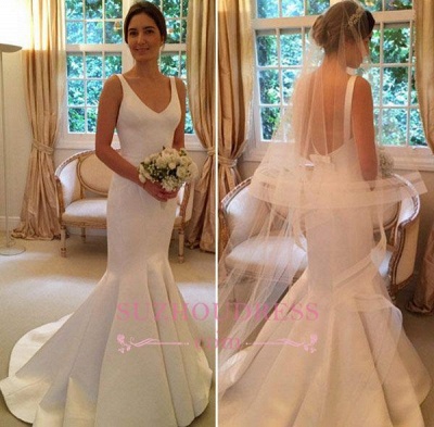 Mermaid Elegant Sleeveless Bride Dress  V-Neck Open-Back Wedding Dress_1