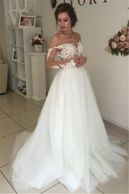 Sheer Long Sleeve Lace Wedding Dresses  Open Back Tulle Ball Gown Bridal Dress_4