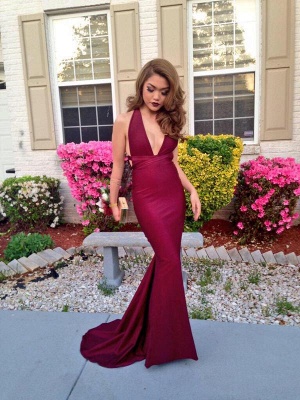 Sexy Burgundy V-Neck Mermaid Beach Evening Dresses Sweep Train Glamorous Prom Dresses for Summer CJ0224_1