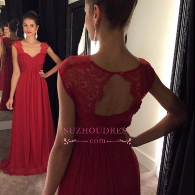 Formal Dress A-line Lace Modest Cap Sleeves Chiffon Floor Length Red Prom Dresses_1