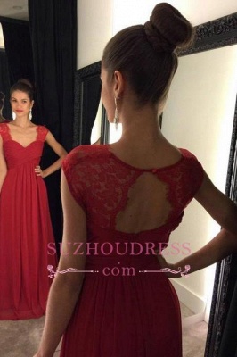 Formal Dress A-line Lace Modest Cap Sleeves Chiffon Floor Length Red Prom Dresses_2