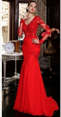 V-Neck Red Long Sleeve Beading Evening Dress Popular Chiffon Lace Sweep Train Prom Dress_5