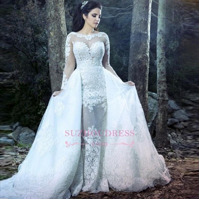 Amazing Sheath Long Sleeve Wedding Gowns  Lace Sheer Tulle Overskirt Wedding Dresses_1