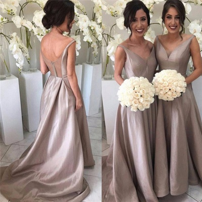 Sheer-Tulle V-neck Stretch-Satin Simple Open-Back Sleeveless Bridesmaid Dress_3