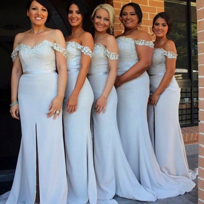 Lace Appliques Off-the-shoulder  Bridesmaid Dresses  Wedding Party Dress with Front Slit BA3346_1