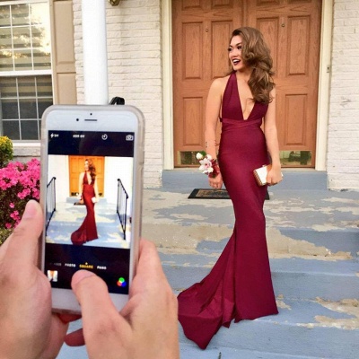 Sexy Burgundy V-Neck Mermaid Beach Evening Dresses Sweep Train Glamorous Prom Dresses for Summer CJ0224_3