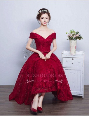 Tea Length Lace Vintage Burgundy Evening Gowns Off-the-Shoulder   Prom Dresses BA4449_1