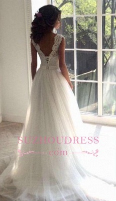 Sash Open Back Sleeveless  Bride Dress A-line Simple Lace Summer Beach Wedding Dresses_3