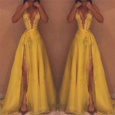 Deep V-neck Sexy Yellow Evening Dresses  | Side Slit Lace Sleeveless  Prom Dresses_3