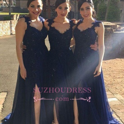 Side-Slit Lace-Appliques Navy-Blue A-line Chiffon Bridesmaid Dresses BA4993_1