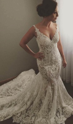 V-neck Sleeveless Mermaid Wedding Dresses  Sexy Lace Appliques Bridal Gown WE0196_1