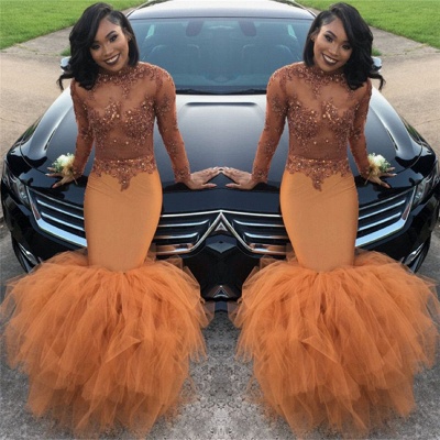 Dust Orange Long Sleeve Mermaid Prom Dress |  Beads Appliques Evening Gown FB0305_4