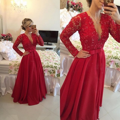 V-Neck Red Long Sleeve Chiffon Prom Dress New Arrival Bowknot Formal Occasion Dress BMT038_5