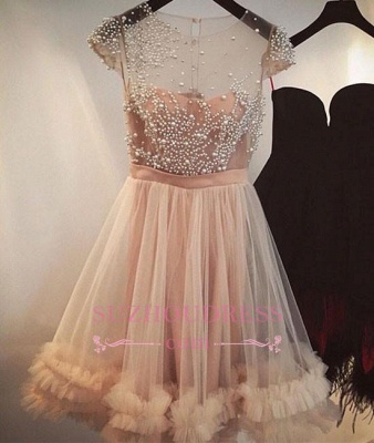 A-line Sheer Capped Sleeves Short Party Dress  Champagne Beading Tulle Homecoming Dresses_1