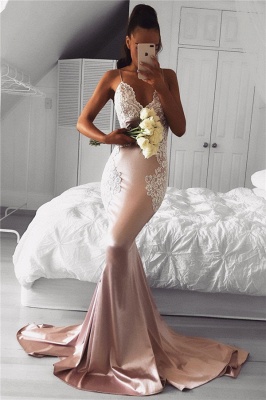 Spaghetti Straps V-neck Pink Prom Dresses Lace Mermaid   Formal Evening Gown FB0201-AN0_1