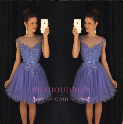 Lavender A Line Cap Sleeves Short Beadings Tulle   Homecoming Dress_1