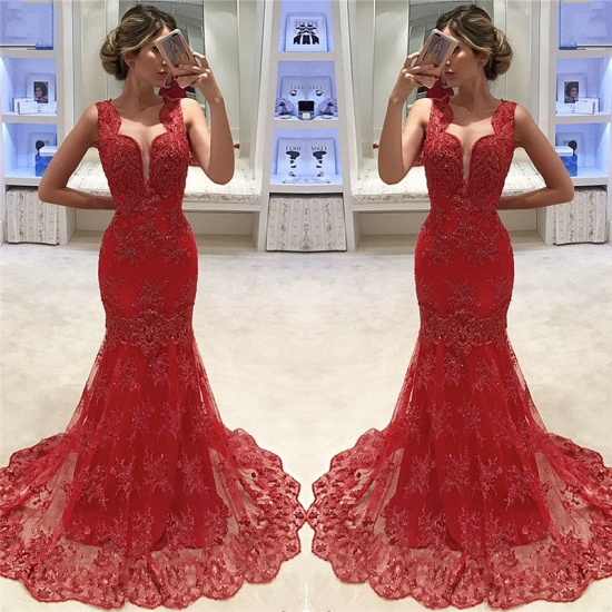 Sleeveless V-neck Mermaid Lace Evening Dress Red  Sexy Prom Dresses  Online_3