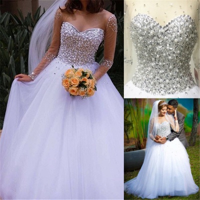 Sheer Sweetheart Crystal Ball Gown Wedding Dresses Lace-up Long Sleeve Tulle Beautiful Wedding Princess Dress MH001_7