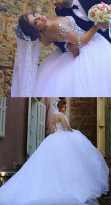 Sheer Sweetheart Crystal Ball Gown Wedding Dresses Lace-up Long Sleeve Tulle Beautiful Wedding Princess Dress MH001_4