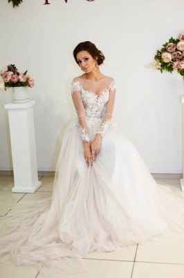 A-Line Long Sleeve Lace Applique Bridal Gowns Elegant Tulle Long Wedding Dresses BA5209_3